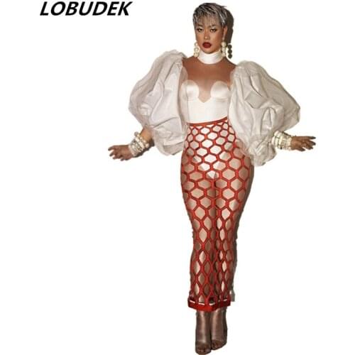 New White Puff Sleeve Spandex Plaid Hollow Dress Women Birthday Celebrate Prom Fashion Outfit Nightclub Bar Stage Costume Spring