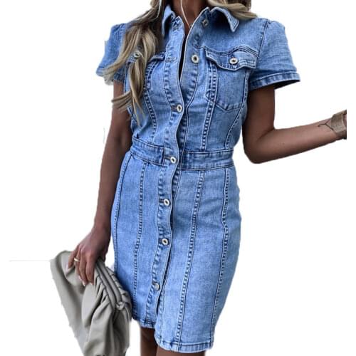 Summer Women Short Sleeve Denim Dress Fashion Turn-down Collar Single-breasted Jeans Dresses Woman Vintage Knee-Length Dress