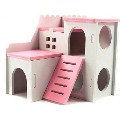 1Pcs Wooden Hamster Hideout Double Layer Cute Small Pet House Nest Bed Hamster Climbing Toy Pet Supplies Double Layer Housing