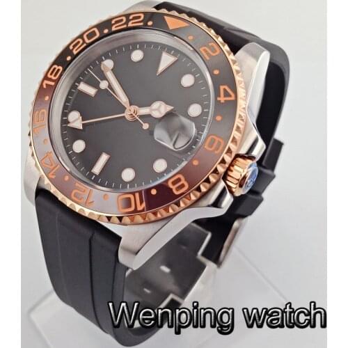 40mm sterile black dial golden GMT ceramic bezel sapphire glass automatic rubber strap mens top mechanical watch