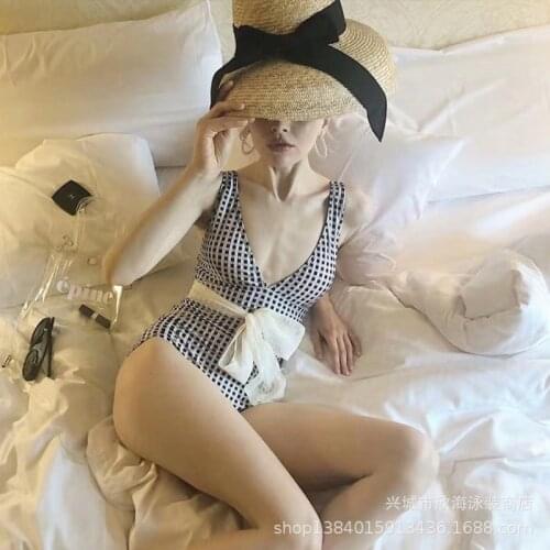 Bikinis Female Swimwear One Piece Rashguard Swimsuit Swimsuits Swim New Grid Control Neck Belt Thailand Spandex Plaid