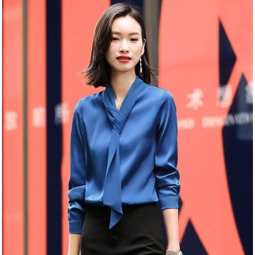 Spring Fall Office Ladies Women Full Sleeve White Blue Wine Red Imitation Silk Top Blouse , Woman Clothes Blouses and Tops