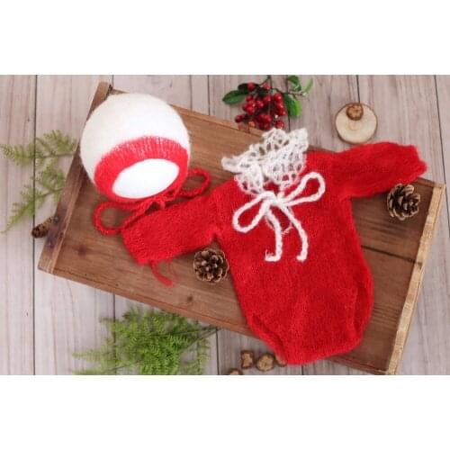 Newborn mohair bonnet and romper Christams Knit hat and pant set Crochet mohair hooded romper sitter outfit photography props