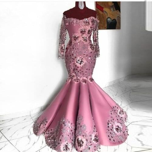 Elegant Aso Ebi 3D Flower Mermaid Evening Dresses 2020 Full Sleeves Off The Shoulder Lace African Evening Gowns
