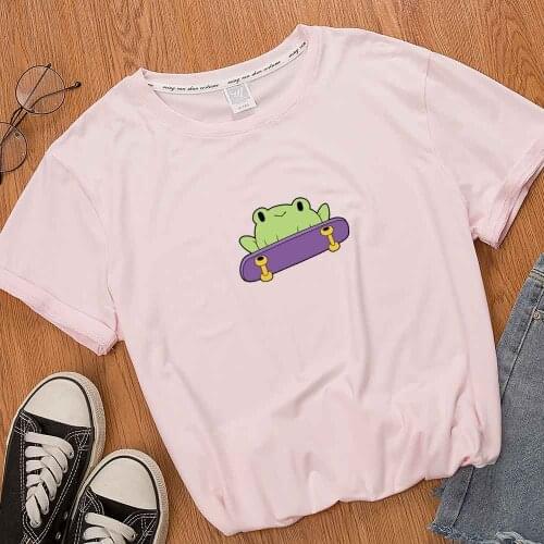 Kawaii Top Summer Cute Frog Short Sleeve Cartoon Girl Graphic Tees Women Aesthetic Clothes Korean Fashion Harajuku T Shirt
