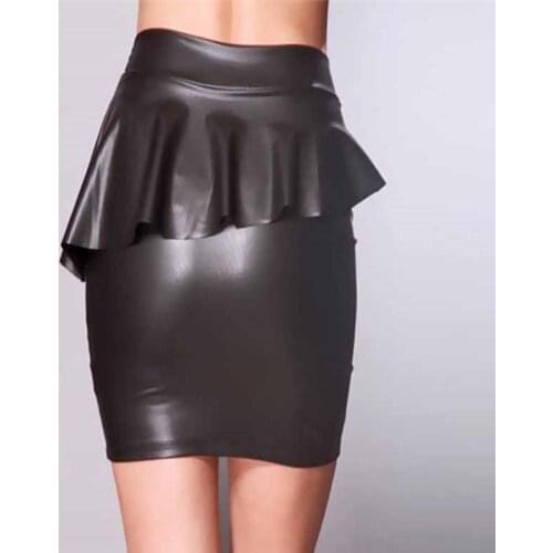 Hot Sexy Ruffles Mini Skirt Slim High Waist Pencil Package Hip Skirt Women Club Wear Faux Leather Office Skirt Tight Hip