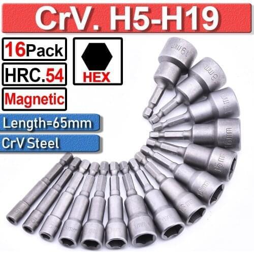 Drill Bit H5-H19 1/4" Magnetic Hex Nut Driver Bit Set 16 Pcs Metric 65mm Socket Adapter Impact Drill Bar Wrench Extension Tools