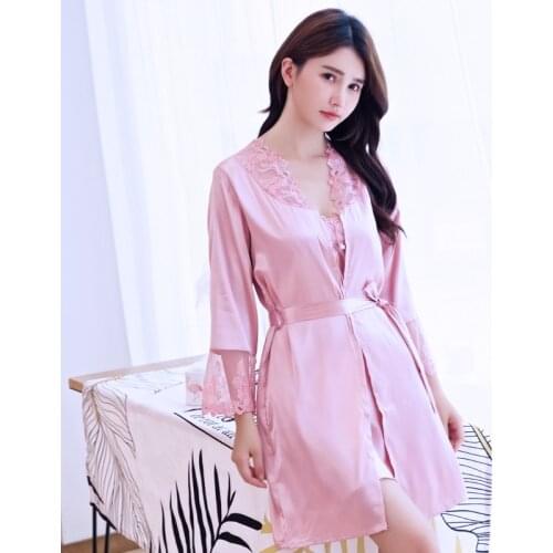 New Style Nightgown Womens Summer Silk Sexy Suspender Nightdress Womens Summer Spring Autumn Ice Silk Nightgown Two Piece Set