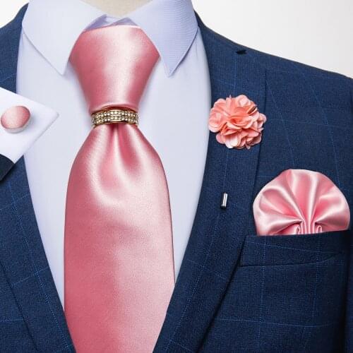 New Designer Solid Pink Blue Ties For Men Wedding Party Neck Tie Luxury Tie Ring Brooch 100% Silk Tie Set Gift For Men DiBanGu