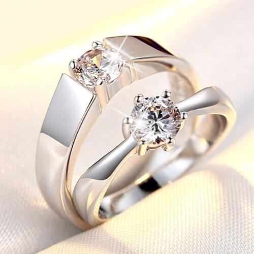 Silver Plated Resizable CZ Crystal Engagement Rings Women Men Couple Wedding Fashion Jewelry Gift Flower Classic Bijoux Rings