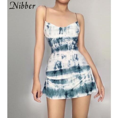 Nibber Summer Suspender Dress Sleeveless Low-cut Waist Design Tie-dye Print Fold Decoration For Women Go Out On Holiday 2021