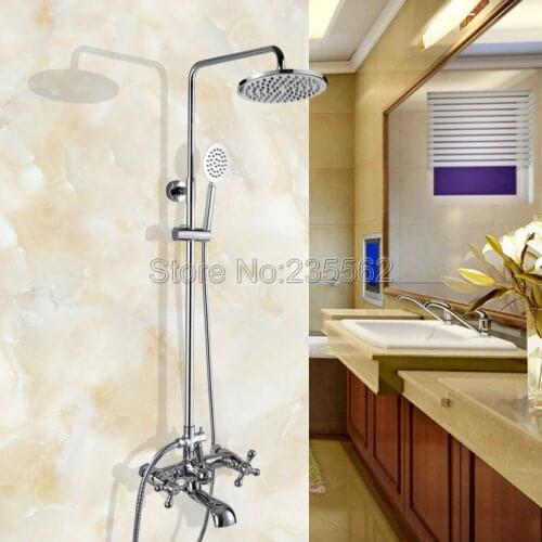 Wall Mounted Polished Chrome Brass Rainfall Bathroom Rain Shower Faucet Set Dual Handle Tub Mixer Tap + Hand Shower Spray lcy326