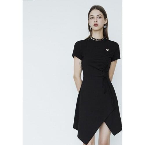 PUNKRAVE Womens Goth Heart Shape Hollow Out Drawstring Asymmetric Short Sleeve Dress Daily Casual Elastic Knitted Short Dresses