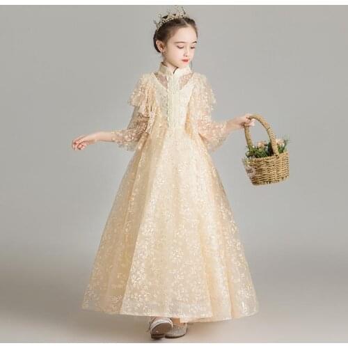 Luxury children evening dress Lace Mesh Stitching Flower girls Ball Gown kids Catwalk birthday party dress for girls L490