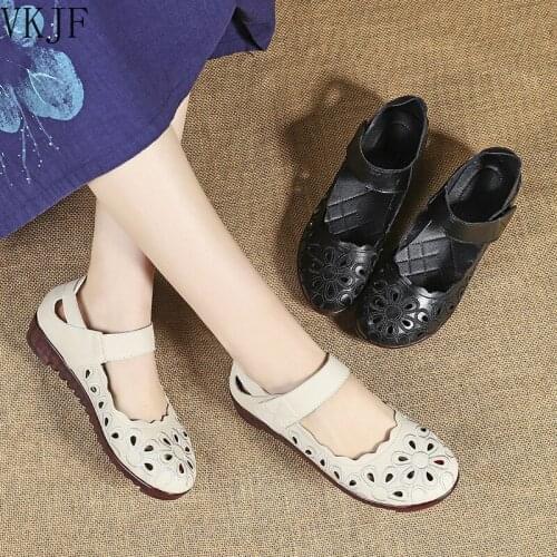 Leather Hollow Comfortable Flat Sandals Women Summer 2021 New Slope Heel Non-slip Breathable Soft Sole Womens Shoes