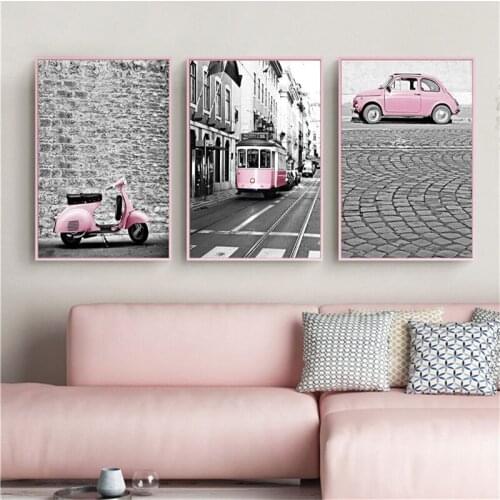 Nordic European City Landscape Pink Car Bus Canvas Painting Posters And Prints Wall Art Vintage Picture Modern For Room Decor