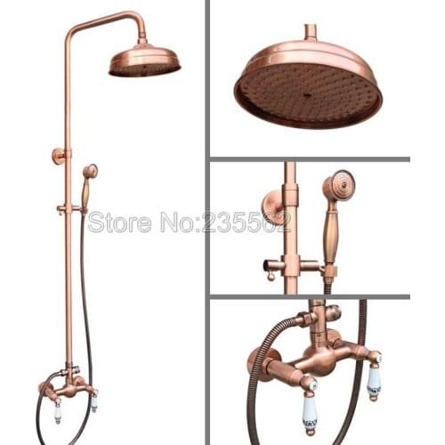 Red Copper Bathroom Rain Shower Faucet Set Ceramic Flower Handles Mixer Tap Wall Mounted lrg551