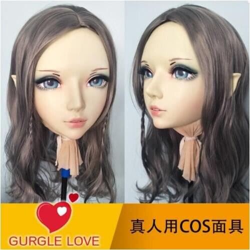 XiaoEr8)Female Sweet Girl Resin Half Head Kigurumi BJD Eyes Crossdress Cosplay Japanese Anime Role Lolita Mask With Fairy Ear