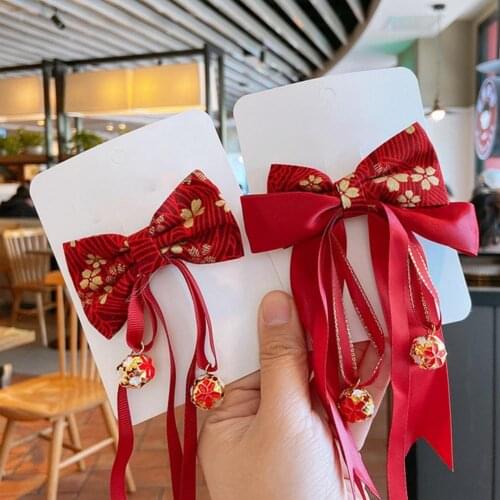 2021 New Adorable Red Handmade Bowknot Hair Clip Chinese Style Decorative Retro Girls Tassels Hairpin for New Year Accessories