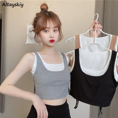 Tanks Women Fake Two Pieces New Designers Cropped Tops Plus Size S-3XL Cozy Sexy Casual Streetwear Korean Style Hipster Female