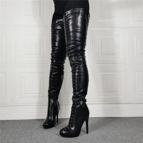 Women Black Studded Leather Over the Knee Crotch Thin High Heel Boots Sexy Tall Boots Gladiator Sexy Dress Shoes 2021 Autumn