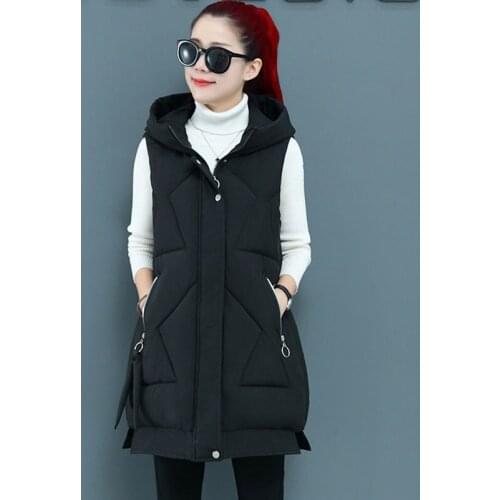 New Fashion Autumn Winter Long Cotton Vest Women Jacket Korean Hooded Sleeveless Coat Plus Size Slim Warm Ladies Waistcoat X415