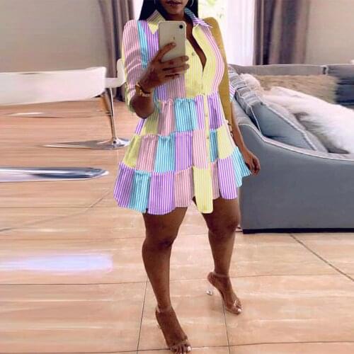 Women Rainbow Striped Mini Dress Half Sleeve Turn-down Collar Single Breasted Loose Dresses Office Lady Fashion Autumn Summer