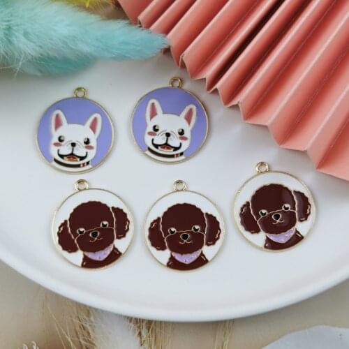 10pcs Round Tag Design Enamel Cartoon Charm For Jewelry Making Lovely Dog Teddy Charm Earring Bracelet Pendants 28*25mm F1079