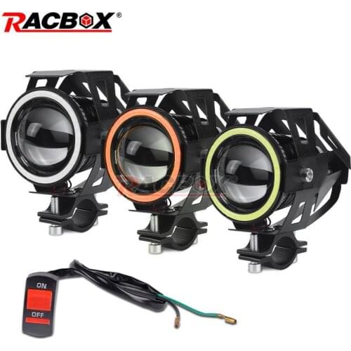 2Pcs CREE U7 Angel Eyes Light 125W Motorcycle Headlight LED Fog Spotlight+Switch Motorbike Driving Light Spot Head Light Lamp