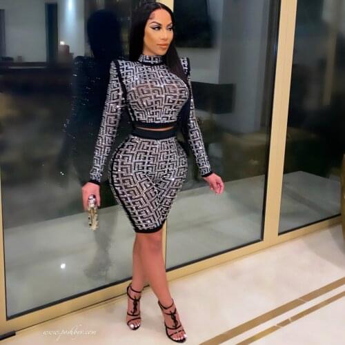 VAZN 2021 Special Design Sequin party fashion class high neck long sleeve slim top with casual five minute pants party suit tow