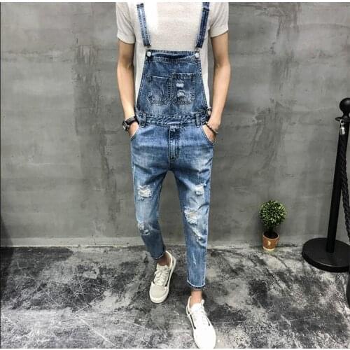 27-34 Fashion Bib Denim Overalls For Men New Long Solid Blue Slim Cowboy Overall Cotton Skinny Overalls Mens Jeans Costumes