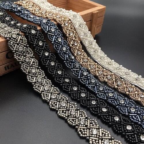 5yds Rhinestone Beaded Lace Trim Mesh Lace Ribbon Fabric Clothes Decoration Wedding Dress Collar Sleeve Lace Applique DIY Crafts