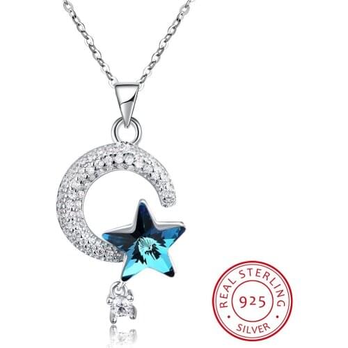 LEKANI Genuine 925 Sterling Silver Crescent Moon & Star Crystal Pendant Necklaces for Women Fine Jewelry Gifts