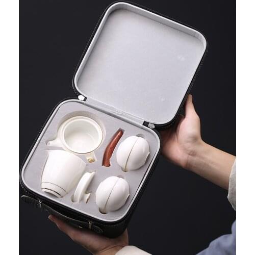 Japanese Style Tea Set Porcelain Kung Fu Tablewares Simple Travel Ceramic Cups Portable Bag Bardak Seti Tea Service EI80TS