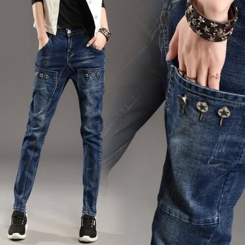 Jeans Women Harem-Pants Denim Oversize Trousers Pocket Button Casual Streetwear High Waist Plus size Loose Black/Blue Pantalon