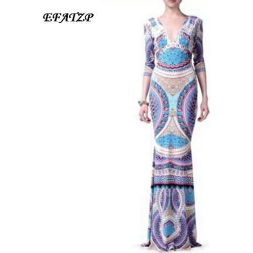 [EFATZP] Womens Luxury Brands Jersey Silk Dress Long Sleeve Geometric Print Jersey Silk Stretch Dress Plus Size Long Dress