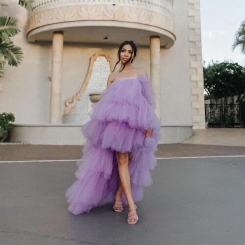 Elegant Lavander Hi Low Puffy Tulle Dresses Elastic Strapless Long Women Maxi Birthday Party Formal Tulle Dress