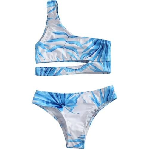 Girls Two-piece Cut Waist Swimming Clothes Set, Blue Sleeveless One-shouldered Crop Top + Shorts, 6-13 Years