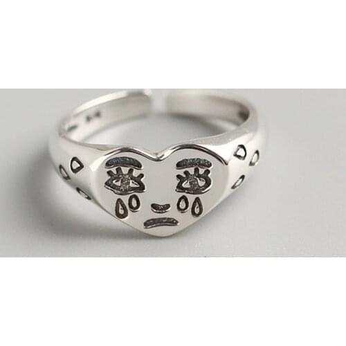 Retro creative crying face adjustable ring tear expression opening ring cute silver color ring accessories ladies jewelry