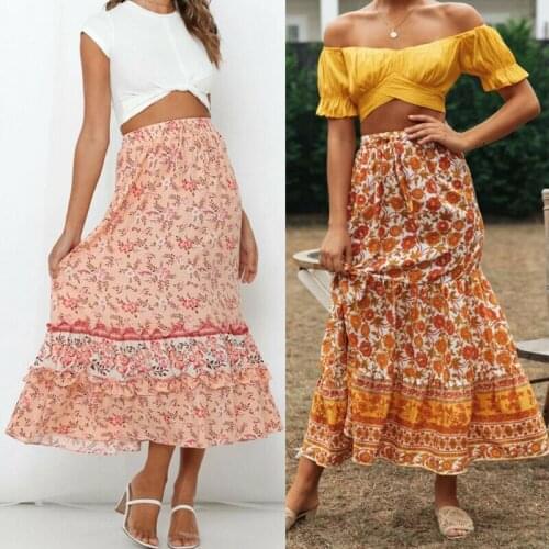 Summer Floral Print Long Maxi Summer Skirt Women Fashion 2020 Ladies Elastic High Waist A-line Skirts Pleated Boho Skirt Female