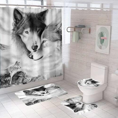 Fashion White Wolf Printed Shower Curtain Set With Anti-Slip Toilet Lid Cover Kitchen Mat Rug Doormat Waterproof Bathroom Decor
