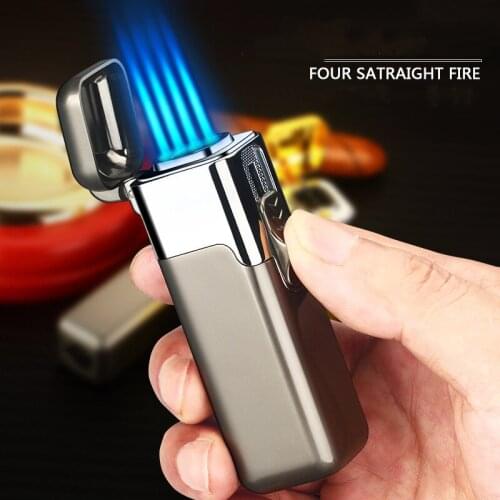 Powerful Windproof Four Jet Cigar Gas Lighters Metal Torch Turbo Butane Cigarettes Lighter Spray Gun Gadgets Men Gift