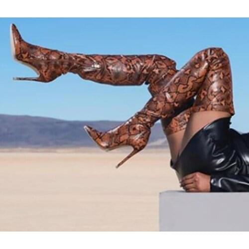 Burgundy Gray Woman Python Snake Skin Pointed Toe Over The Knee Slim Thigh Boots Sexy Stiletto Heels Long Boots Lady