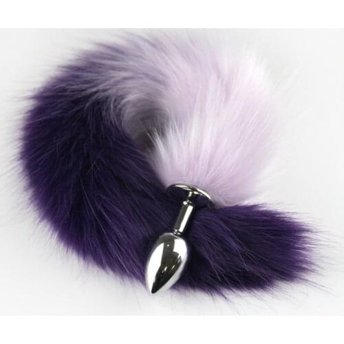 Sexy anal plug fox tail pink and purple color matching artificial hair female anal masturbation device anal plug toy adult