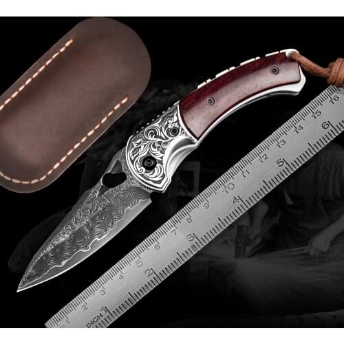 NEWOOTZ Japanese Style Damascus Folding Knife Rosewood Handle EDC Tactical Survival hunting for Outdoor Activities Collection