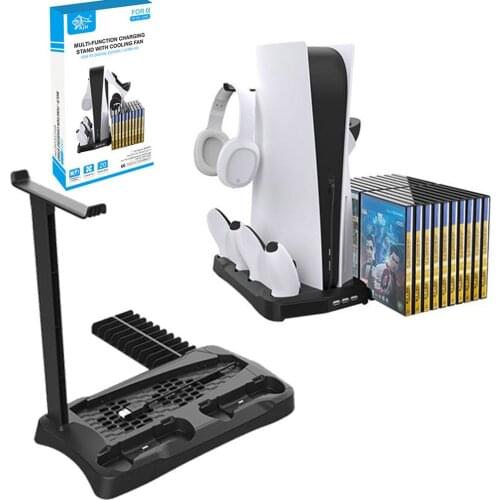For PS5 Vertical Cooling Fan Stand Digital Edition with Game Slot 3 Hub Port Dual Controller Charging Station Charger for PS5
