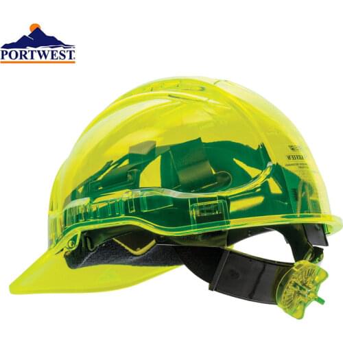 Portwest PV60 Safety Helmet Peak View Vented Ratchet Work Hard Hat in Translucent Hi Vis ANSI CE Adjustable PC Work Cap