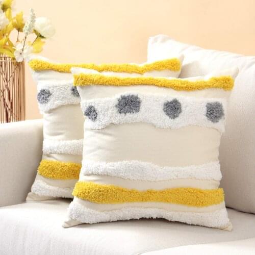 Yellow Cotton Tufted Lace Tassel Hug Pillowcase Hand-embroidered Nordic Moroccan Geometric Sofa Cushion Pillowslip 45*45cm