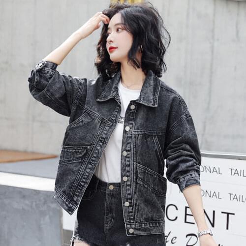 Vintage Denim Jacket Casual Jacket Denim Coat Womens Vintage Black Autumn 2020 New Korean-Style Long Sleeve Loose Coats 96B