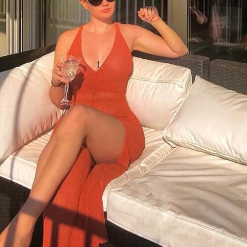 Women Summer Sleeveless Swimsuit Bikini Cover Up Crochet Knit Sheer Mesh Beach Dress Sexy Backless Split Maxi Swimwear